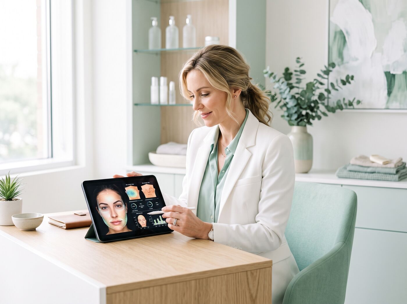 Profissional de estética revisando a análise facial da Áurea no tablet